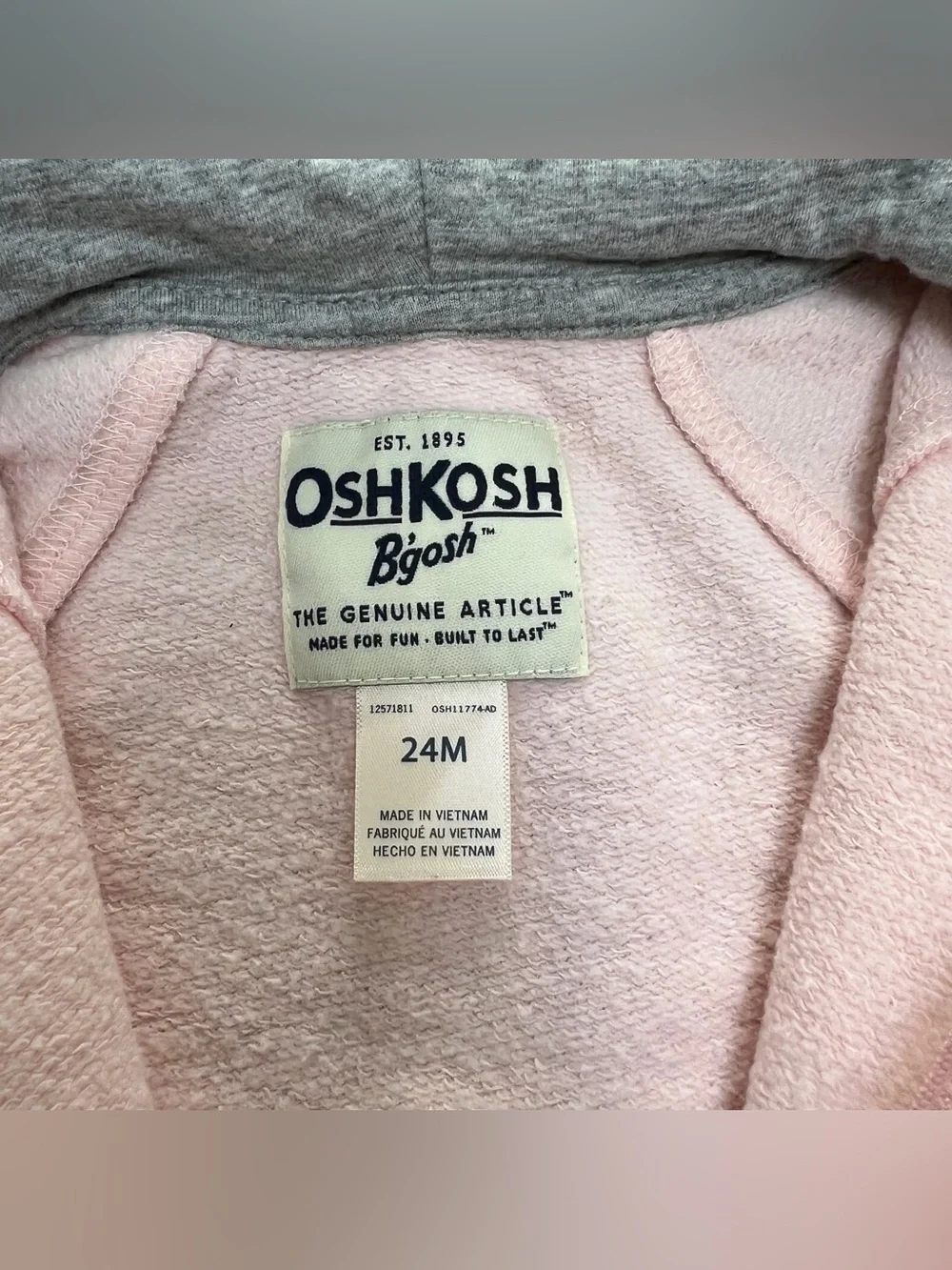 OSHKOSH LONG SLEEVE ZIP UP HOODED SWEATSHIRT LIGHT PINK SILVER CAT 24MO